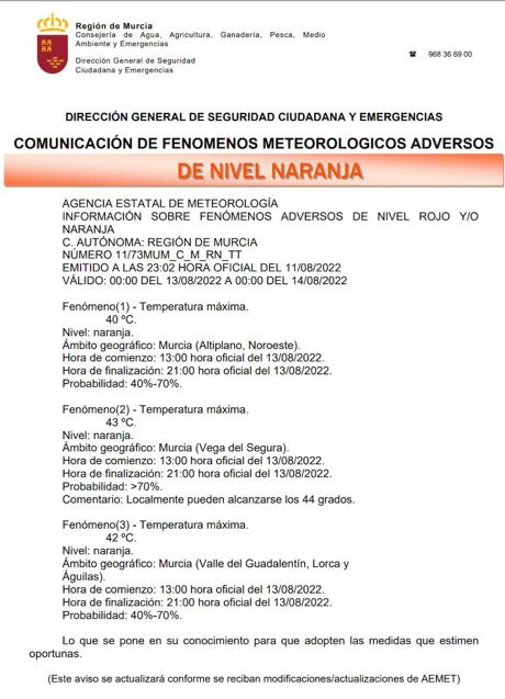 Imagen - Información sobre fénomenos adversos de nivel naranja de la Agencia Estatal de Meteorología (Aemet). | CARM