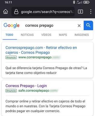 Ejemplo de los anuncios falsos suplantando a Correos.