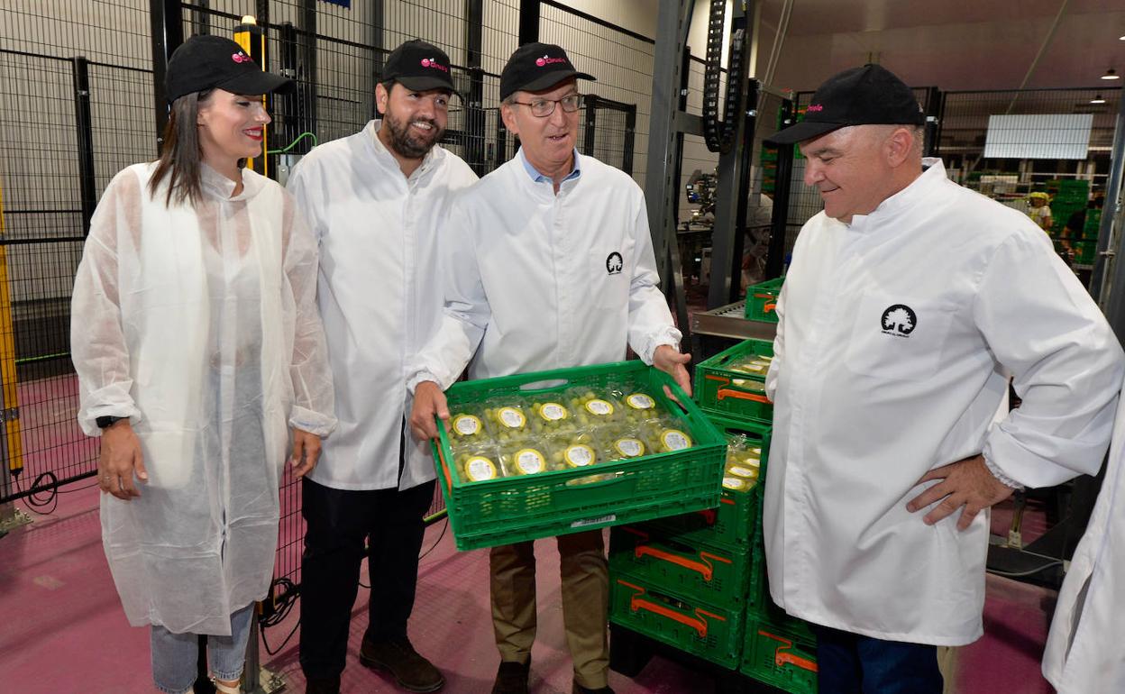 López Miras y Núñez Feijóo, flanqueados por María Cánovas y José Velasco en las instalaciones de la empresa El Ciruelo, este viernes por la mañana.