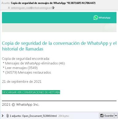 Correo electrónico falso suplantando a WhatsApp.