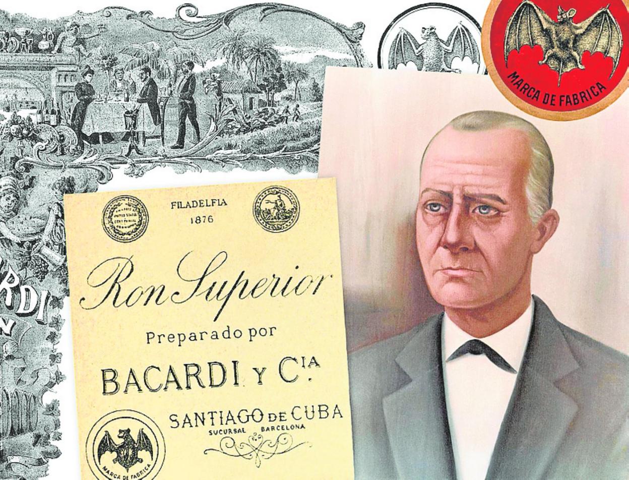 Retrato de don Facundo Bacardí rodeado de antiguas etiquetas y anuncios de su marca.