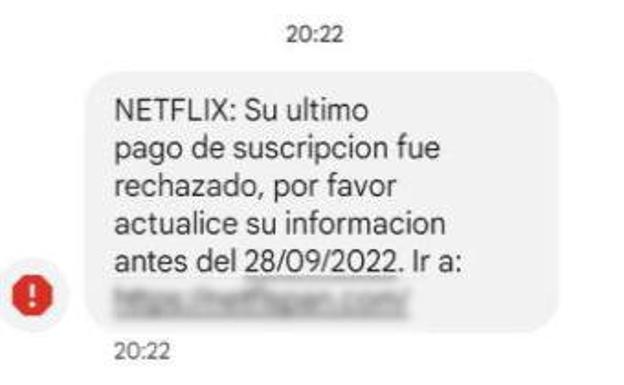 Un ejmeplo del SMS fraudulento suplantando a Netflix.