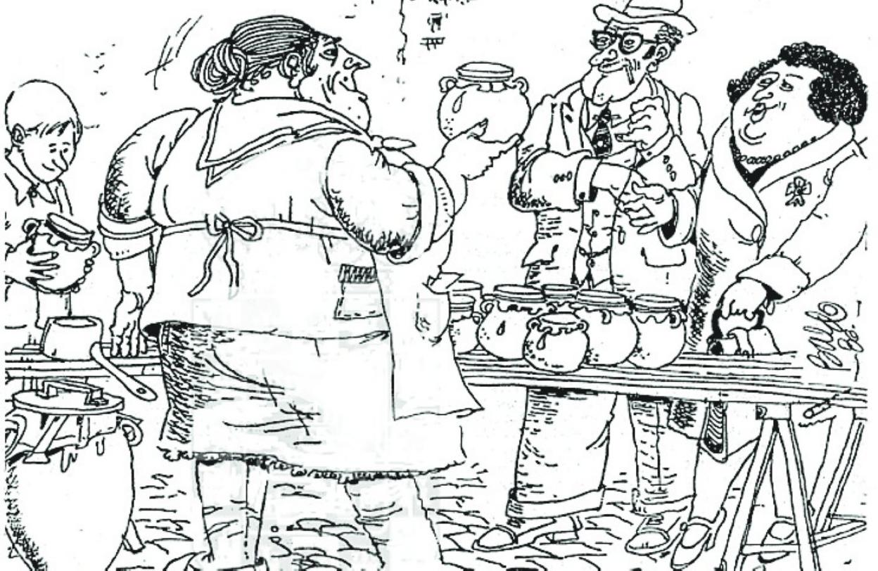 Tradición. Grabado del genial ilustrador Baldo sobre la venta de arrope y calabazate en San Pedro, publicado por LA VERDAD.