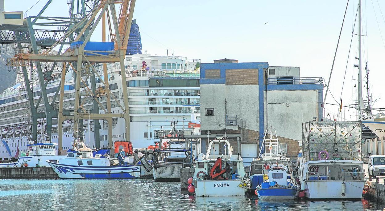 Varios barcos de pesca de arrastre, en el muelle de pescadores y, al fondo, uno de los cruceros llegados ayer a Cartagena. 