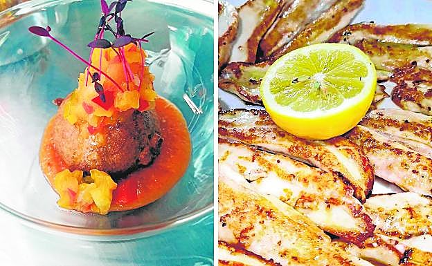 Buñuelo de bacalao con piña de Eszencia (izq) y huevas y letones de Techos bajos (dcha). 