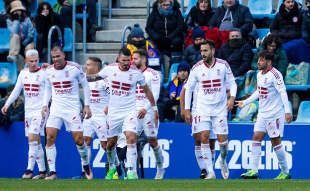 Los jugadores del FC Cartagena celebran el gol anotado ante el Andorra.