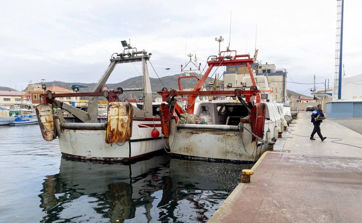 Varios barcos de arrastre amarrados al puerto pesquero de Cartagena debido a los recortes de la Unión Europea en los días de faena. 