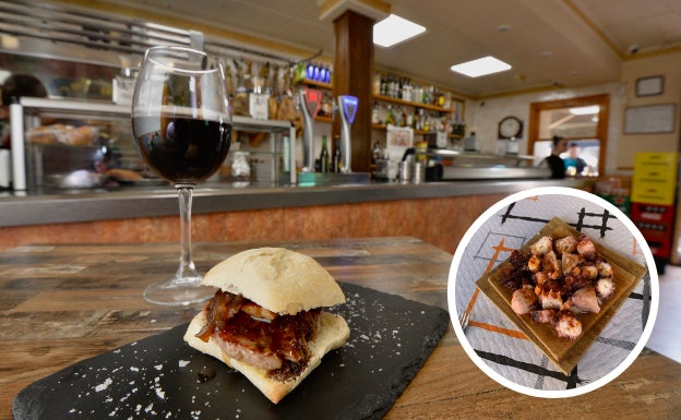 Montadito de solomillo al Pedro Ximénez y pulpo roquero servido con pimentón y sobre una tabla de madera, como en Galicia. 