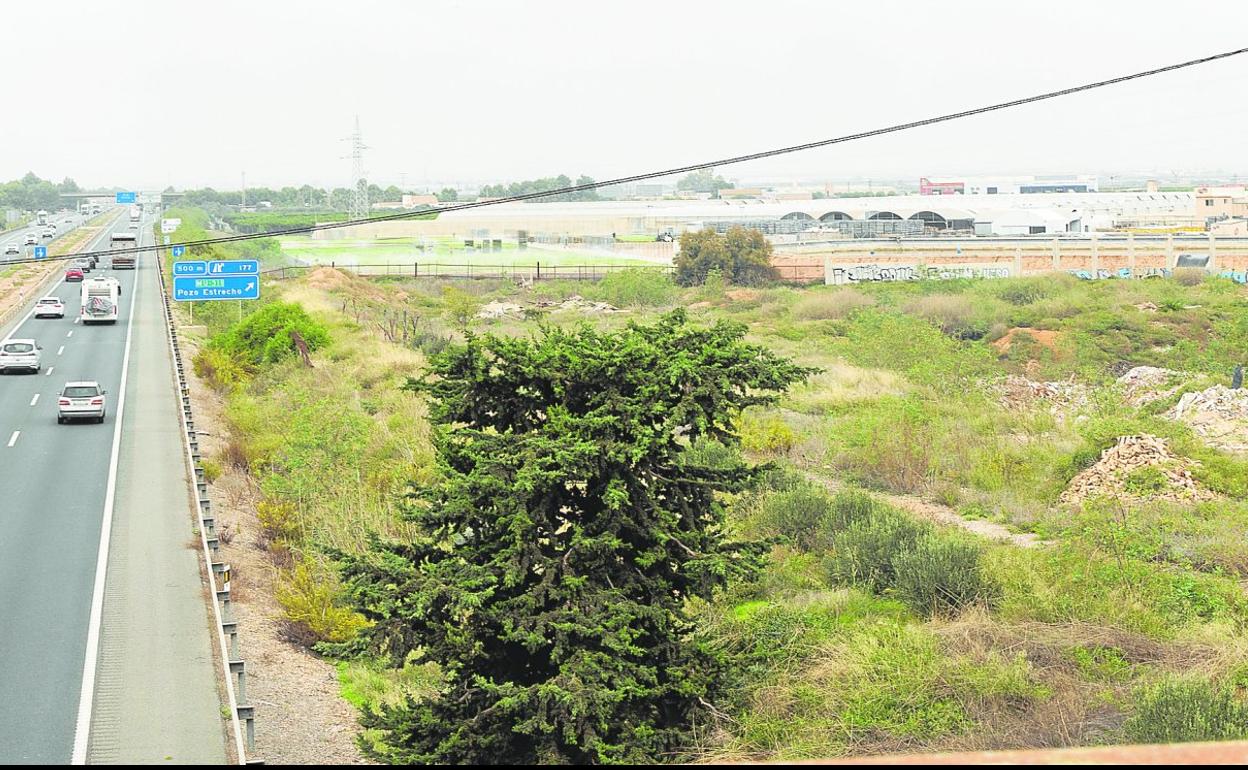 Montones de escombros acumulados en una parcela situada junto a la autovía de Murcia, cerca de la salida hacia Pozo Estrecho. 