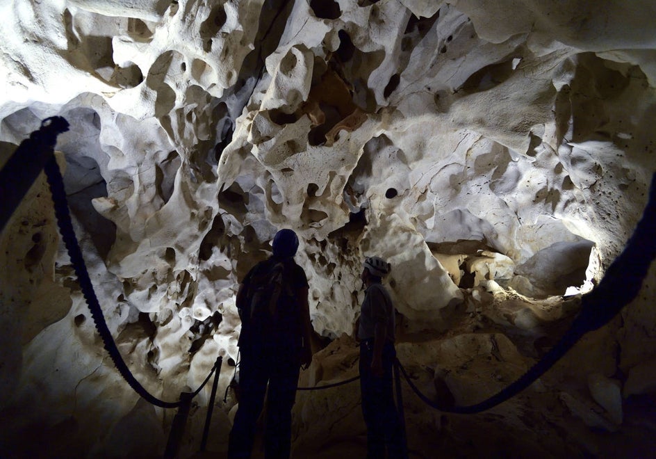 Vista general de la conocida como Sala Gaudí, con formaciones características del origen hipogénico e hidrotermal de la Cueva del Puerto, en Calasparra.