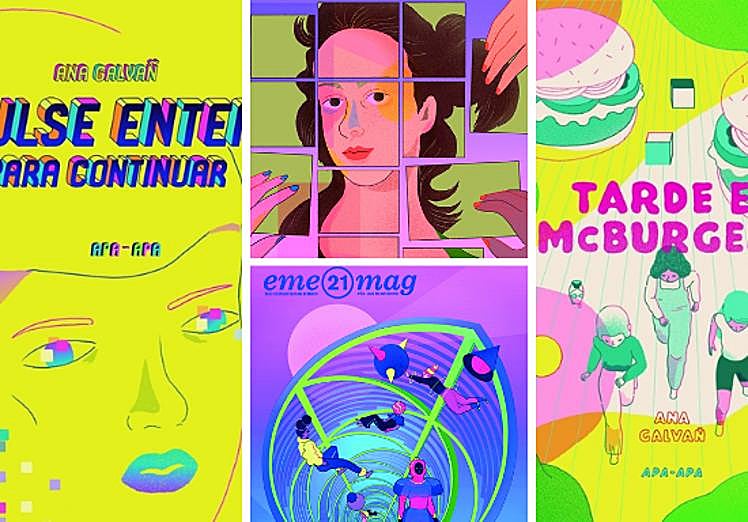 Portada de 'Pulse enter para continuar', ilustración para el suplemento 'Ideas' de 'El País', portada de la revista cultural ilustrada de Madrid 'eme21mag' y portada de 'Tarde en McBurguer's'.