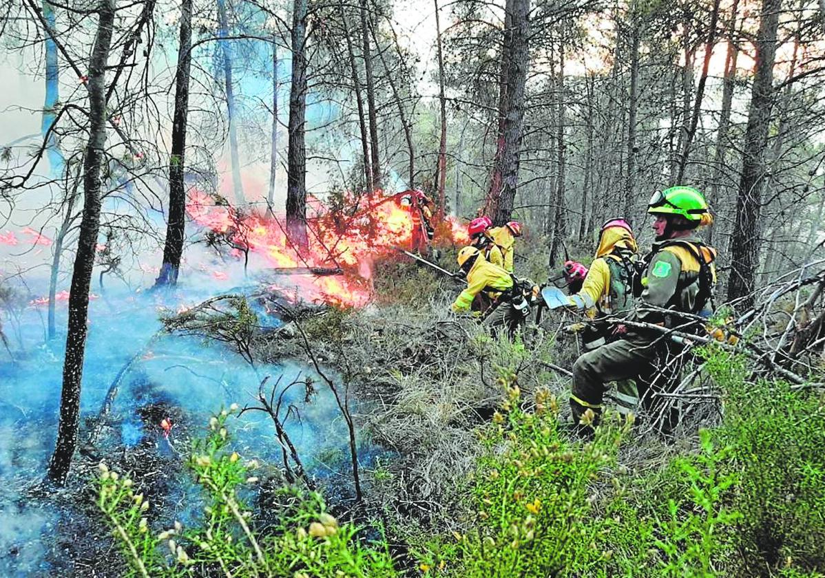 Efectivos desplazados desde la Región de Murcia, trabajando en la extinción del fuego cerca del embalse de Arenoso, en Castellón.