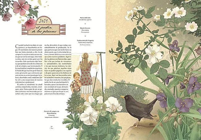 Ilustración de un mirlo en el jardín.