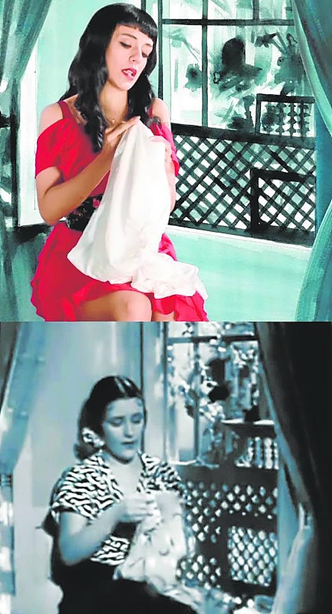 Arriba, fotograma del single 'Vestida de encaje', un homenaje a Imperio Argentina en la película 'Morena Clara' (1936), que aparece abajo.