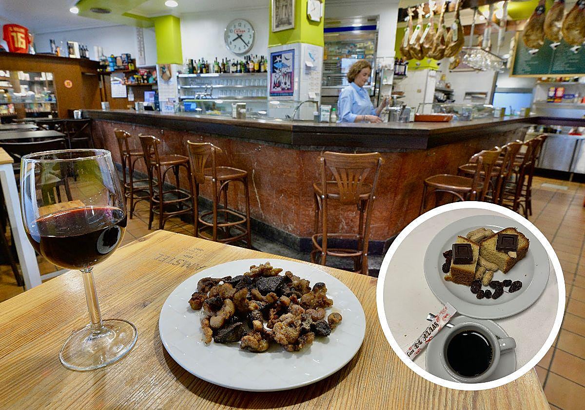 Un plato de rechigüelas. Arriba, Casa El Alias. Sobre estas líneas, su café de puchero, bizcocho y otras delicias.