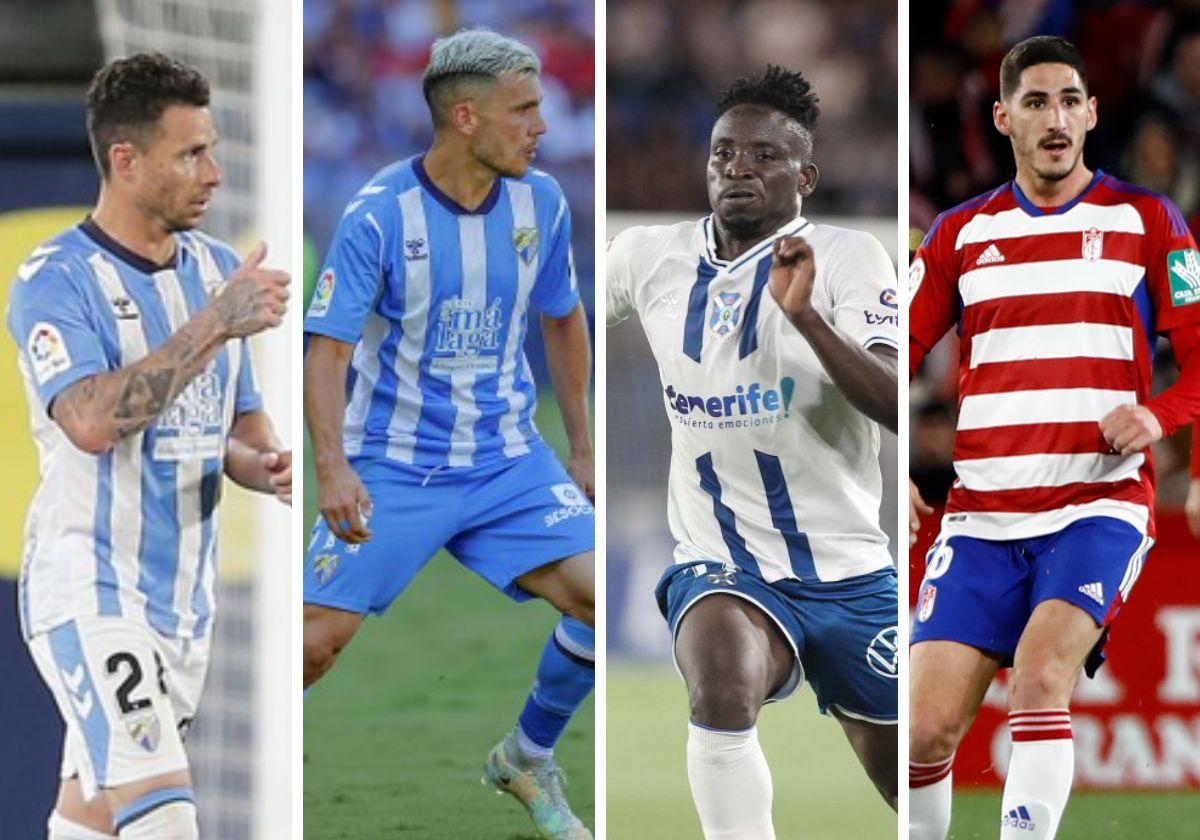 Bodiger, en el partido ante el Ibiza. Mo Dauda, en un duelo de este curso. Gallar, en un choque en La Rosaleda. Rubén Castro, en el último partido.