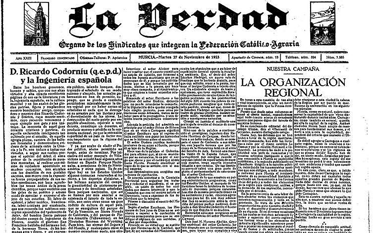 Imagen - Obituario de Ricardo Codorníu y Stárico en portada de LA VERDAD el 27 de noviembre de 1923, firmado por el ingeniero Ricardo Martínez de Campos.