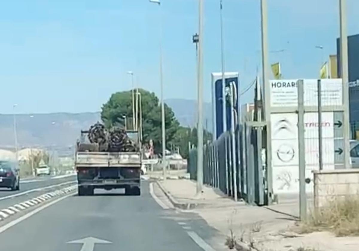 Captura del video que adjunta a su denuncia el PP y en el que se pueden observar las palmeras cargadas en un remolque.