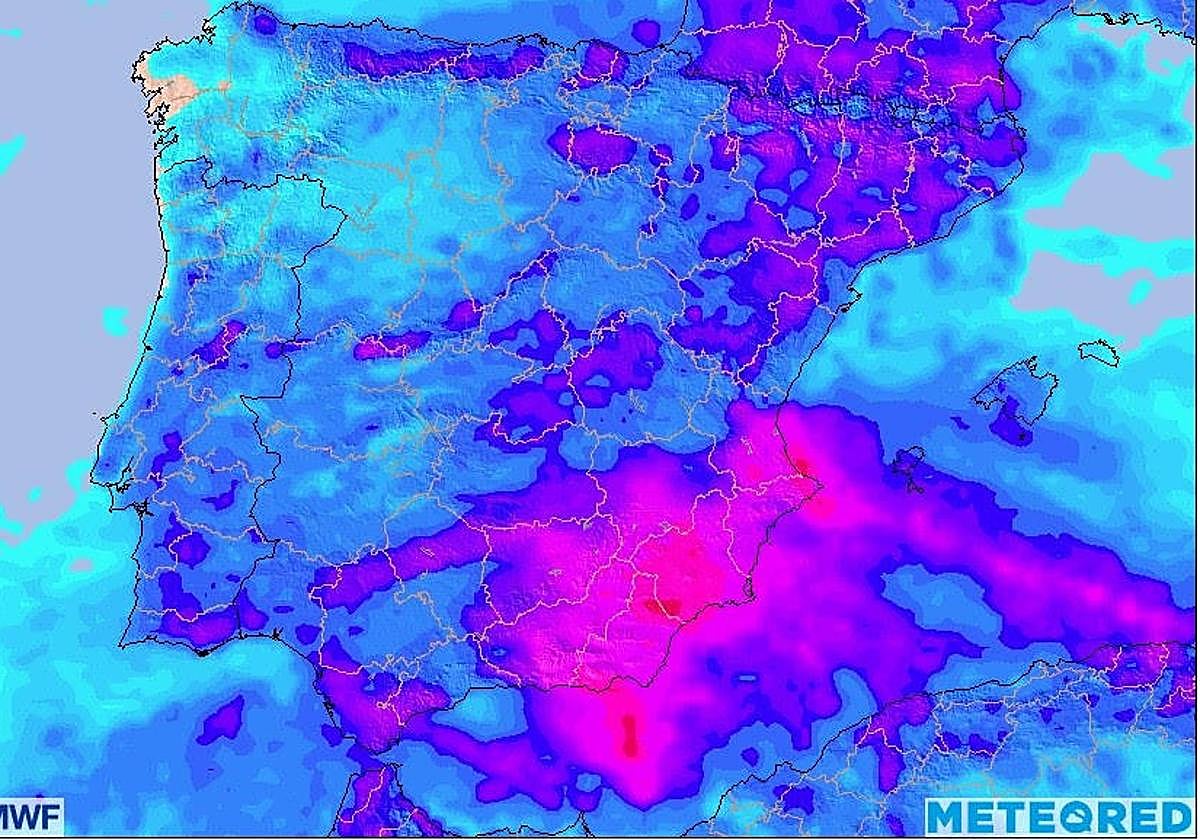 Mapa de la predicción de precipitaciones acumuladas en 72 horas, según Meteored.