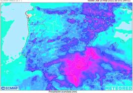 Acumulados de precipitación previstos hasta la tarde de hoy, martes, en la Península y Baleares.