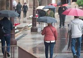 Personas protegiéndose de la lluvia con paraguas, en una foto de archivo.