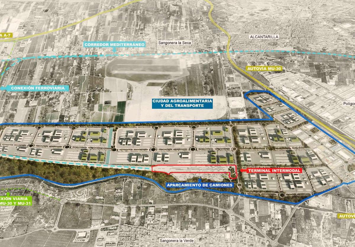 Recreación visual del futuro nodo logístico e intermodal del Sureste, junto a Sangonera la Seca y Alcantarilla y cerca del Polígono Industrial Oeste.