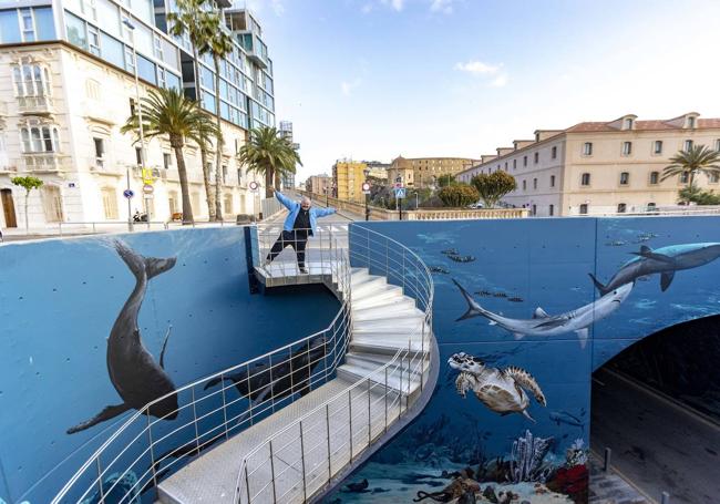 Vista de las escaleras del túnel de Gisbert rodeadas de pinturas de peces.