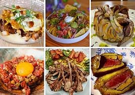 Arriba, de izquierda a derecha: platos de Txio, Carmela y La Garjuela; abajo: elaboraciones de Athipico, El Señorío y Carmen Playa.