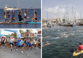 Clases de yoga en tablas de paddle surf, en Cabo de Palos. | Alberto González (izda.), en el Cross de Cabo de Palos 2022. | Imagen de archivo de una travesía a nado en aguas del puerto de Cartagena.