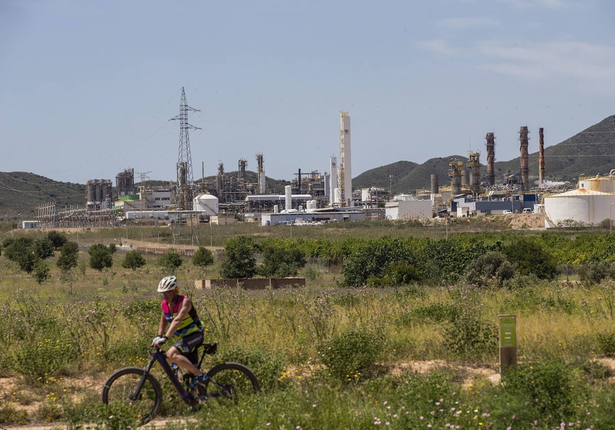 Un ciclista, en el entorno de la factoría de Sabic en La Aljorra, en una foto de archivo.