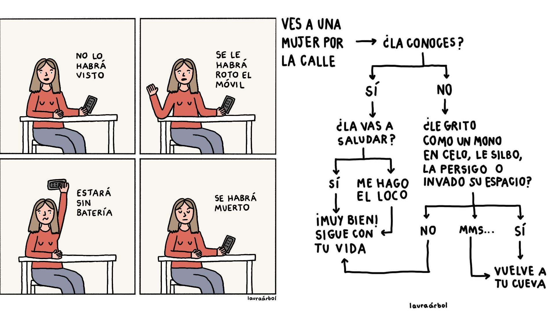 Humor y denuncia. Dos de las viñetas de Laura Árbol que comparte con sus seguidores en Instagram.