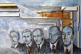 Detalles inesperados. Las obras que ilustran el poema en prosa 'El vendedor de crepúsculos' forman parte de un tríptico en el que Sofía Gea y Petrus Borgia hacen alusión a las edades de Gerardo Diego, a su inteligencia innata, a su afición a la música y a las noticias de los años 40 y 70 en ejemplares originales de LA VERDAD rescatados de herencias.