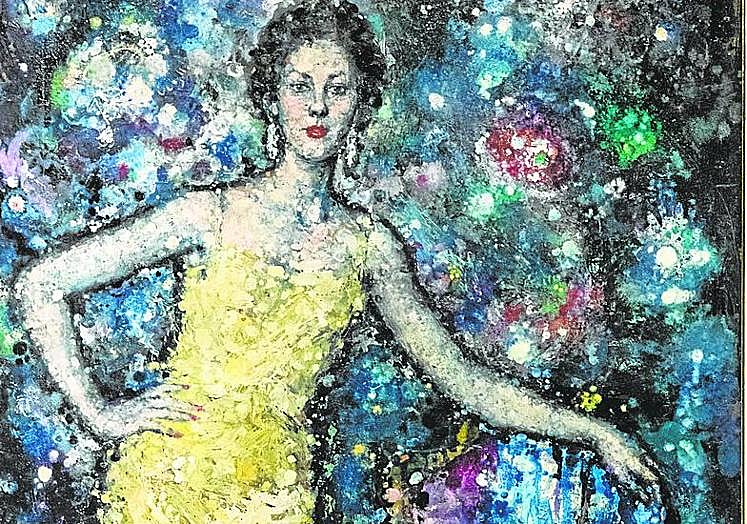 Imagen principal - Arriba, 'Retrato de Monique' (1963), de Mariano Ballester. Abajo, retrato del artista y la obra que figura en la invitación a la exposición. 