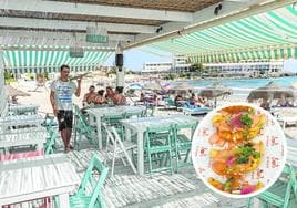 La terraza del establecimiento, en la playa del Galúa de La Manga, y unas gyozas tikka masala.