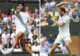 Carlos Alcaraz devuelve una bola en el partido que jugó el miércoles contra Rune. Medvedev, en acción en un partido de la presente edición de Wimbledon.