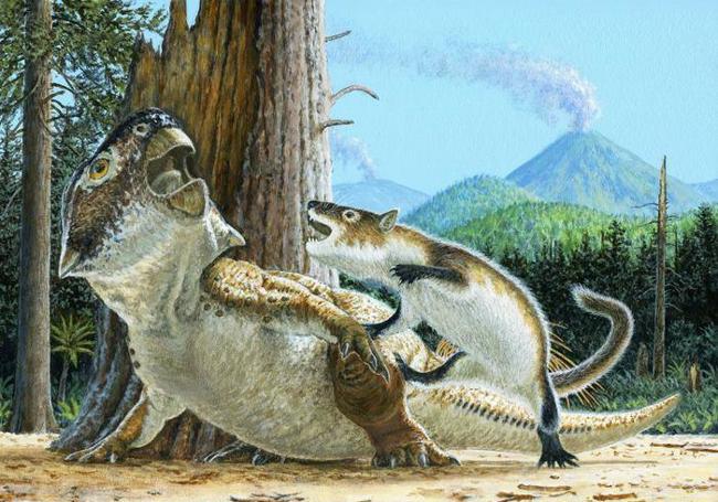 Ilustración del ataque del mamífero al dinosaurio