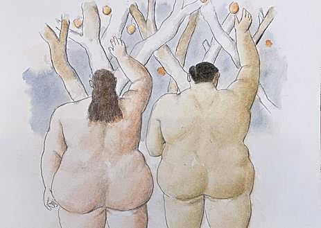 Imagen secundaria 1 - Escultura en bronce llamada 'Mujer con espejo' (1986), junto a la obra 'Adán y Eva' y un retrato del colombiano en una visita a España.