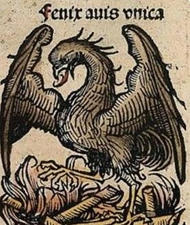 Imagen secundaria 2 - La escultura del Ave Fénix que preside el edificio de la aseguradora 'La Unión y el Fénix', en la plaza de Santa Catalina; y un antiguo grabado que representa el Ave Fénix.