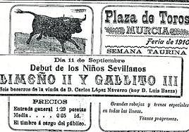 Toros. Anuncio sobre la oferta taurina en la plaza de La Condomina durante la Feria celebrada en 1910.
