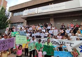 Decenas de padres y alumnos protestan frente a la puerta de la Consejería de Educación.