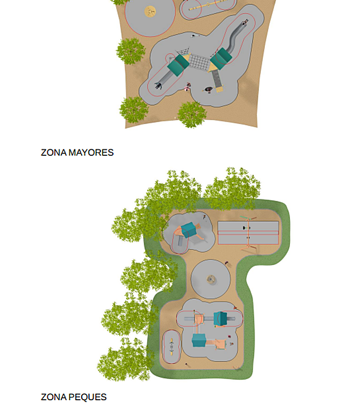 Imagen secundaria 2 - Aspecto actual de los juegos infantiles de la Glorieta (arriba), proyecto de remodelación de la Glorieta (abajo a la izquierda) y proyecto del Severo Ochoa (abajo a la derecha)