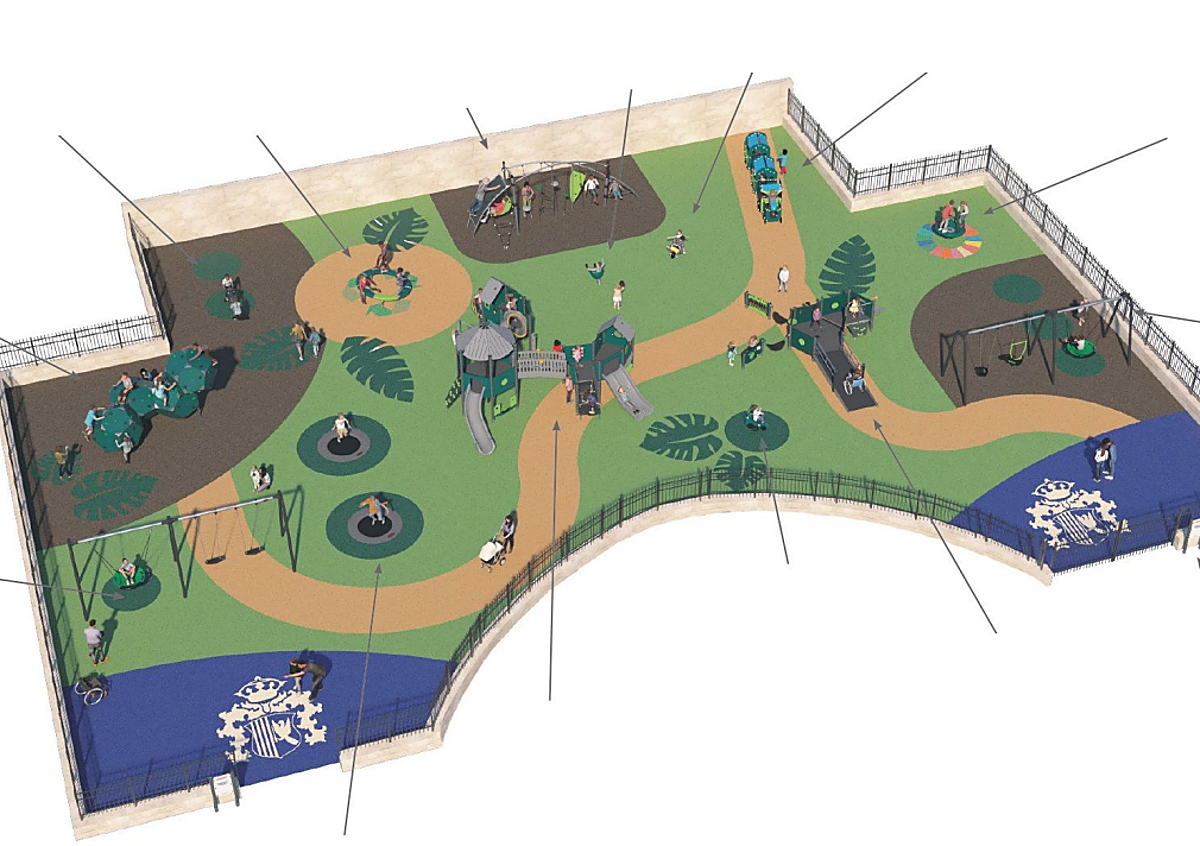 Imagen secundaria 1 - Aspecto actual de los juegos infantiles de la Glorieta (arriba), proyecto de remodelación de la Glorieta (abajo a la izquierda) y proyecto del Severo Ochoa (abajo a la derecha)