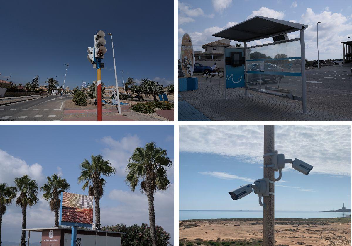La Manga contará con un sistema de prioridad semafórica. Parada de bus con acceso wifi. Monoposte con información pública y turística. Una de las 32 cámaras de tráfico.