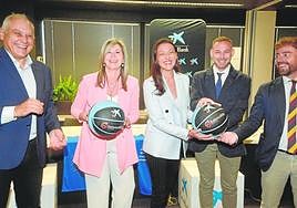 Miguel Ángel Velasco, vicepresidente de la FBRM; Olga García Sanz, directora territorial de Caixabank; la consejera Carmen Conesa, el edil Miguel Ángel Noguera y el director general de Deportes Fran Sánchez, ayer.