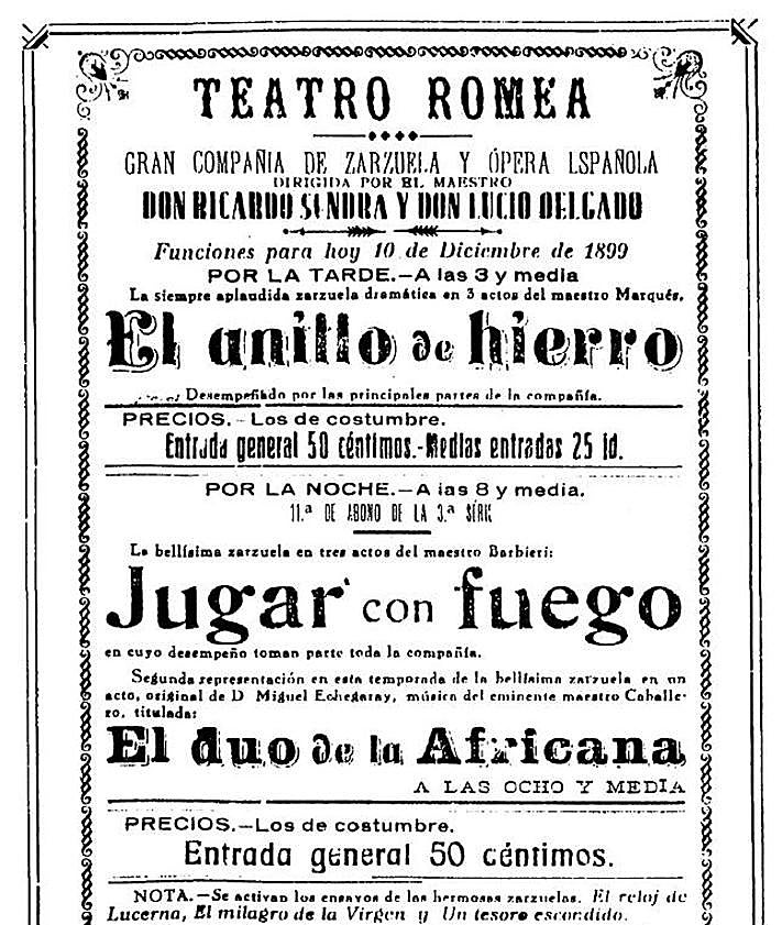 Imagen secundaria 2 - El cartel de los estrenos en la trágica noche del gran incendio de 1899. Los diarios murcianos publicaron cómo las llamas devoraron el Romea en 1899.