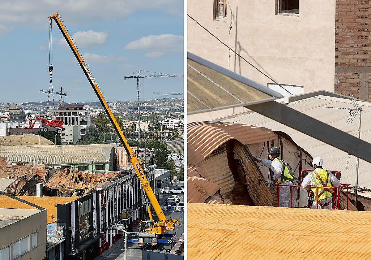 Una grúa introduce en Teatre una plataforma elevadora, ayer a primera hora de la tarde, la cual es usada por dos personas para inspeccionar la instalación eléctrica.