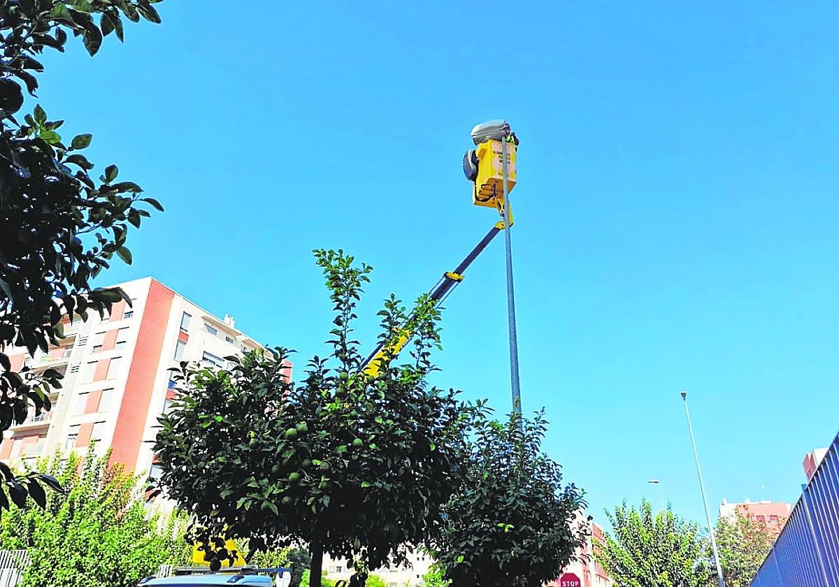 Trabajos de renovación de luminarias en Joven Futura, en el barrio de Espinardo.