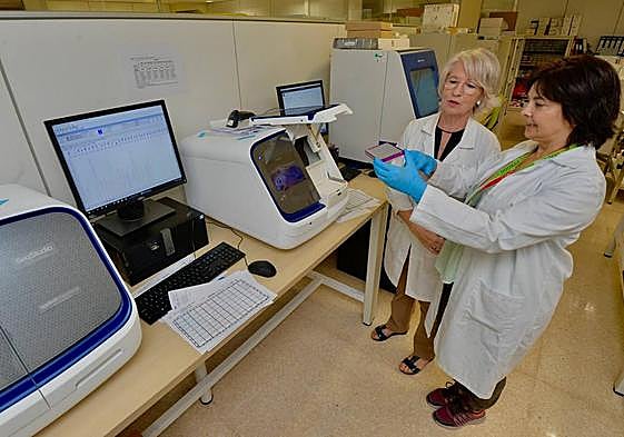 Isabel López (izquierda) y María Luisa Cayuela, ayer en el Centro de Bioquímica y Genética Clínica.