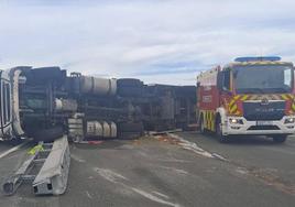 Imagen del camión volcado en la autovía.