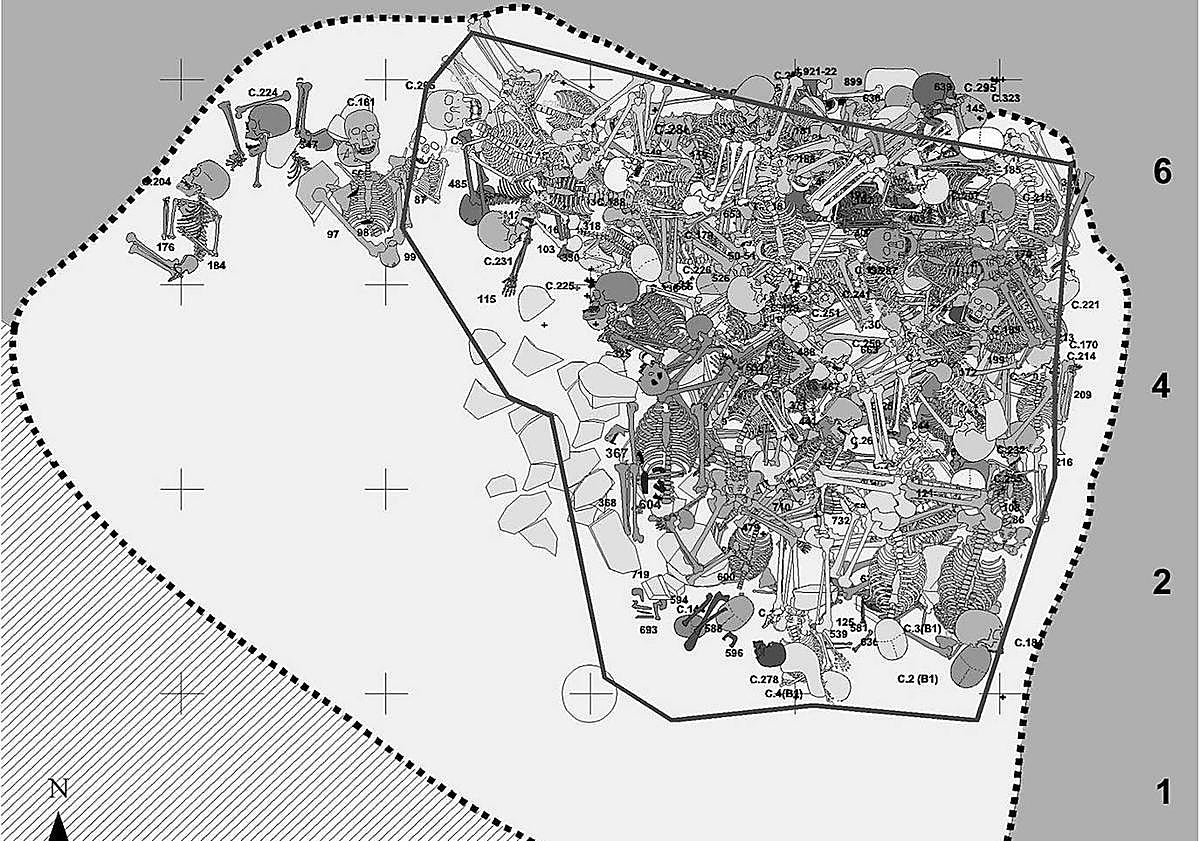 Imagen principal - El enterramiento masivo en la Rioja alavesa antes de su excavación y la distribución de los principales restos óseos. Diferentes piezas óseas rescatadas. 